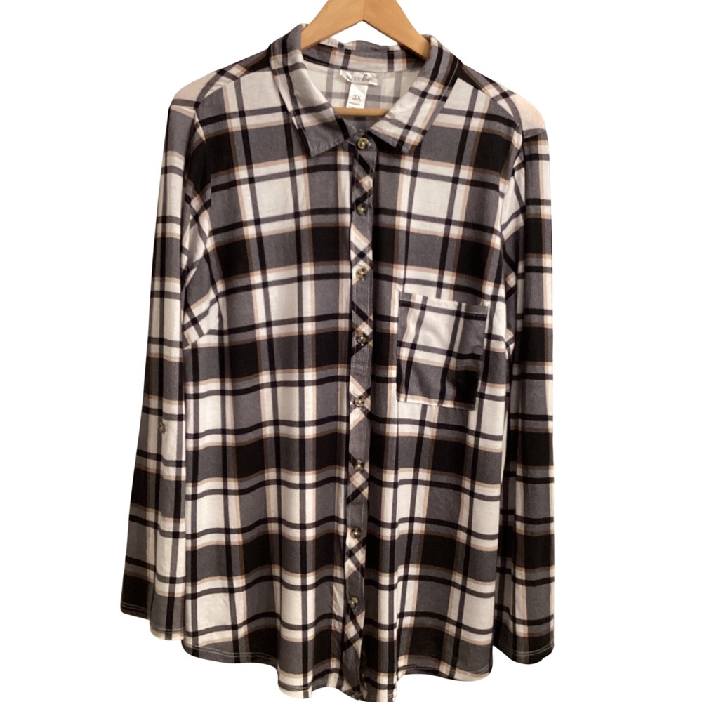 JUST BE Womens Plaid Long Sleeve Button Front‎ Shirt Tunic Top 3X